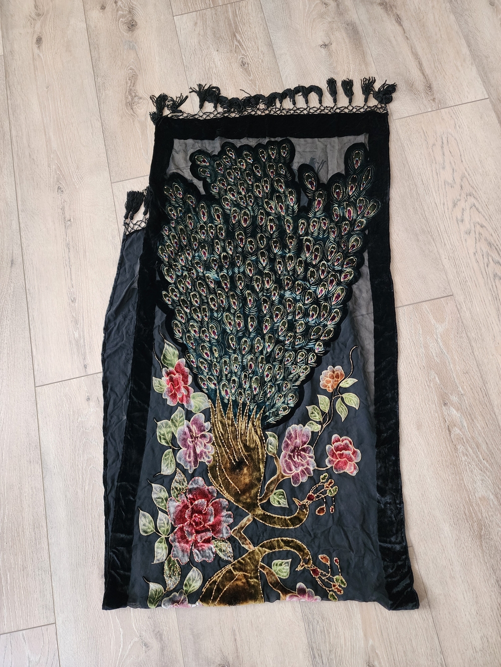 VINTAGE Peacock Shawl Wrap Burnout Beaded Large Velvet & Silk 65x19 with Bag